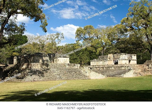 Structure 9 on the left and Ball Court on the right, Copan archaeological park, Copan Ruinas, Honduras