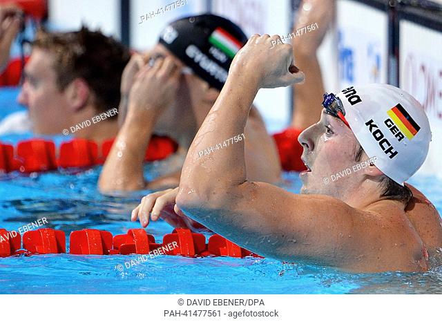 Silver medalist Marco Koch of Germany celebrates after the men's 200m Breaststroke final of the 15th FINA Swimming World Championships at Palau Sant Jordi Arena...