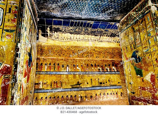 Mural paintings in the Tomb of Seti I. Valley of the Kings, Luxor West Bank. Egypt