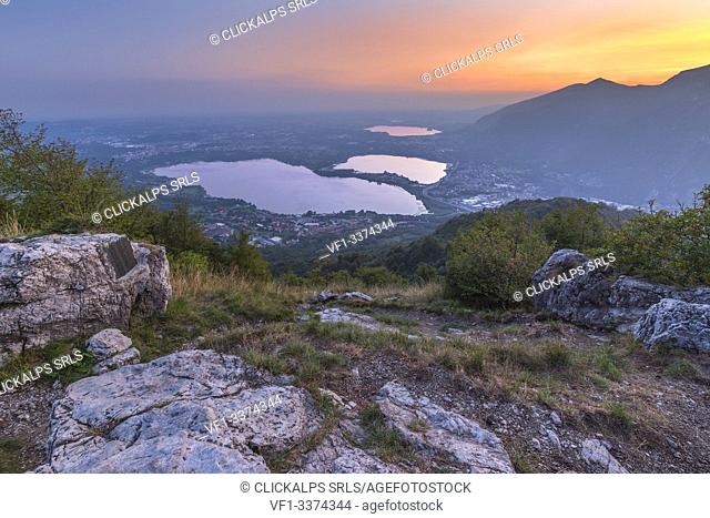 Sunset on Brianza and lake Annone from the top of Barro mount, Lecco province, Lombardy, Italy, Europe