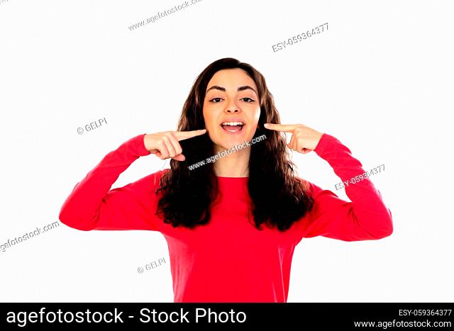 Adorable teenage girl with red sweater isolated on a white background