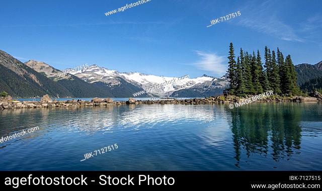 Garibaldi Lake, mountains reflected in turquoise glacial lake, Guard Mountain and Deception Peak, glacier behind, Garibaldi Provincial Park, British Columbia