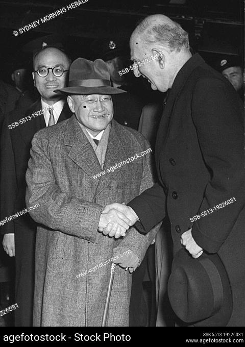 Japanese Premier Arrives In London -- The Premier of Japan, Mr. Shigeru Yoshida, welcomed on arrival at London Airport by Lord Reading