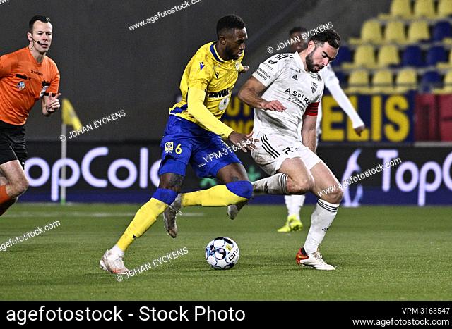 STVV's Mory Konate and Eupen's Jordi Amat fight for the ball during a soccer match between Sint-Truidense VV and KAS Eupen