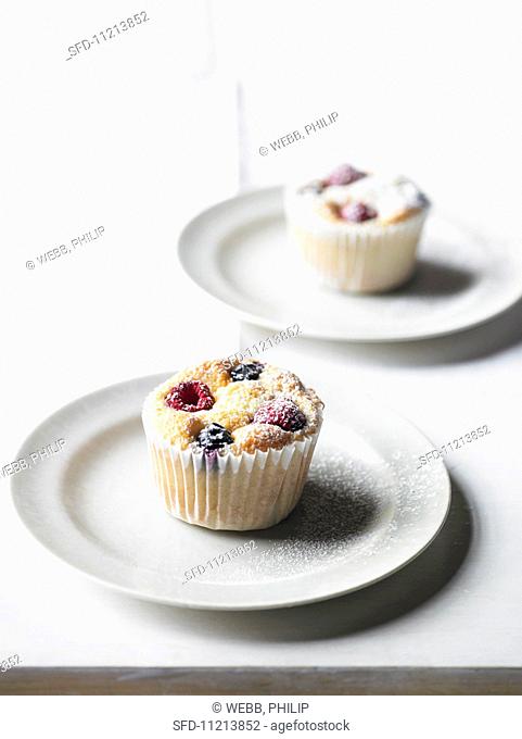 Blueberry and raspberry muffins with icing sugar