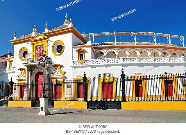 Spain, Andalusia, Sevilla, Plaza de Toros de la Real Maestranza de Caballeria de Sevilla, the Baroque facade of the bullring