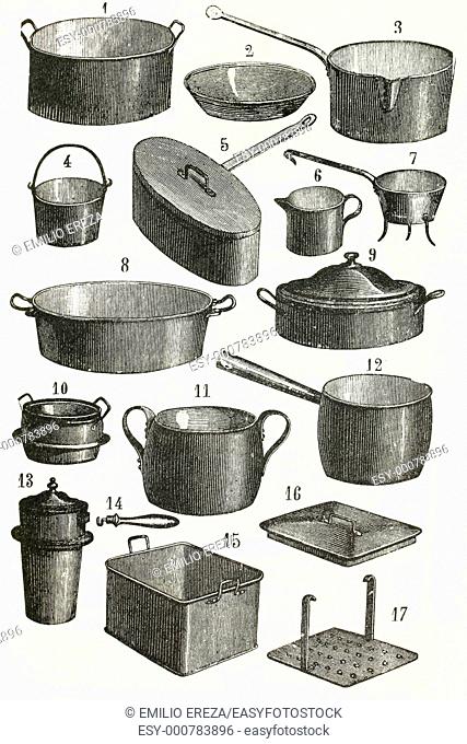 A set of iron kitchen equipment Antique illustration 1892
