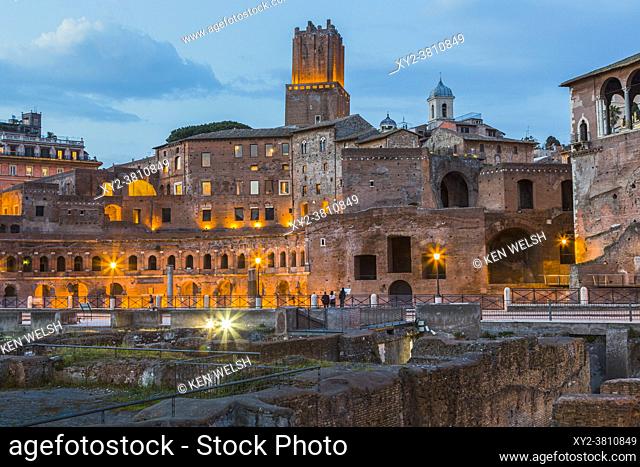 Rome, Italy. Trajan's Forum and market dating from the second century AD, at dusk. The tower, centre, is the 13th century Torre delle Milizie