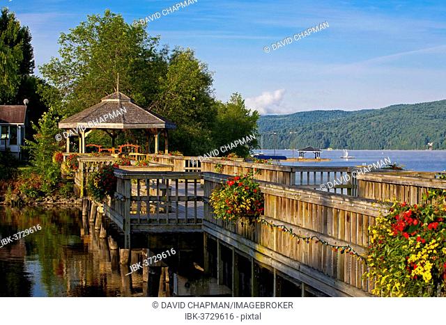Gazebo on Lake Massawippi in early morning light, North Hatley, Eastern Townships, Quebec Province, Canada