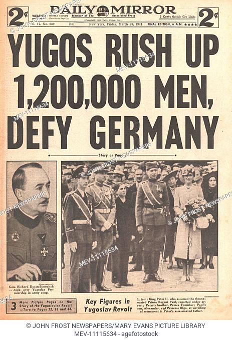 1941 front page Daily Mirror (New York) U.S. and Britain will aid Yugoslavia and Keren and Harar have fallen to British Forces
