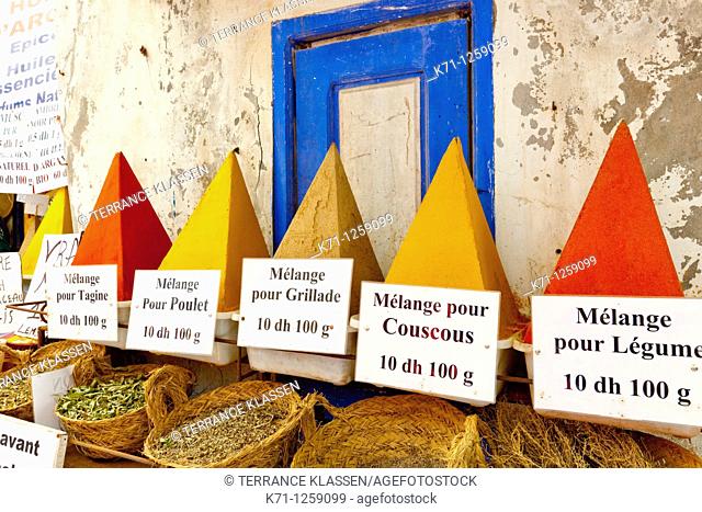 A display of pyramid shaped spices in the souq of Essaouira, Morocco
