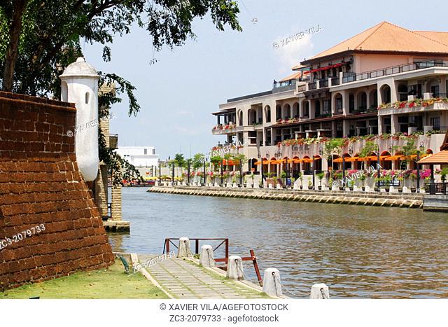 Waterway with old fortress in the city of Malacca, Bandar Melaka, Malaysia