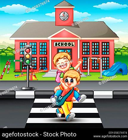 Vector illustration of Two boy crossing the road