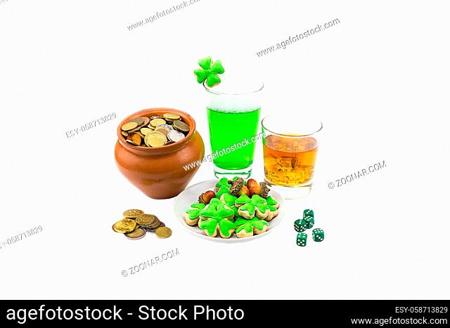 Dice game clay jug Scotch whiskey clover pint green beer and acorns. St.Patrick 's Day