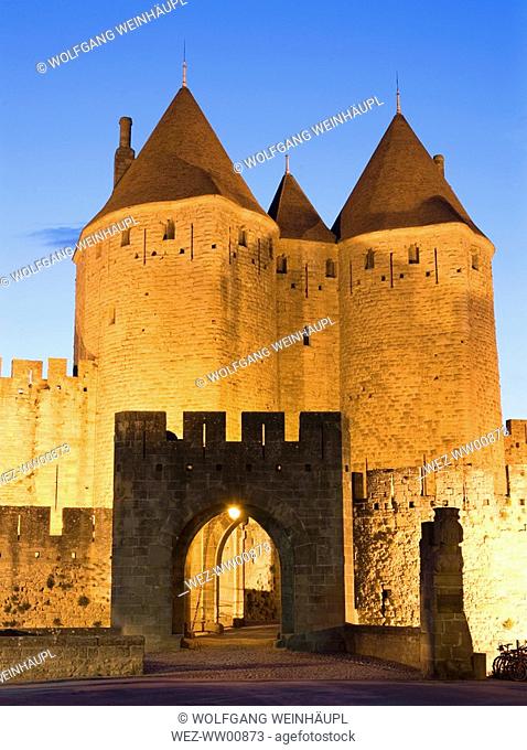 France, Departement Aude, Carcassonne, Porte Narbonnaise at night