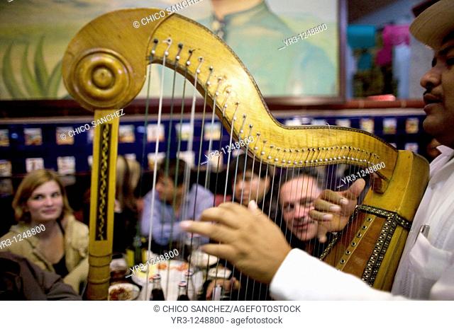 Tourists watch a harp player perform in the Tenampa restaurant, a famous Mariachi joint in Mexico City