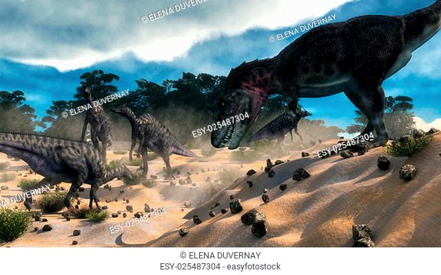 Tarbosaurus surprising saurolophus dinosaurs herd next to liban cedar forest by day - 3D render