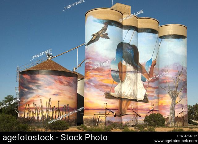 Silo art by 'Drapl And The Zookeeper' at Sea Lake, in the Mallee region of northwest Victoria, Australia. The Silo Art Trail has become a significant tourist...