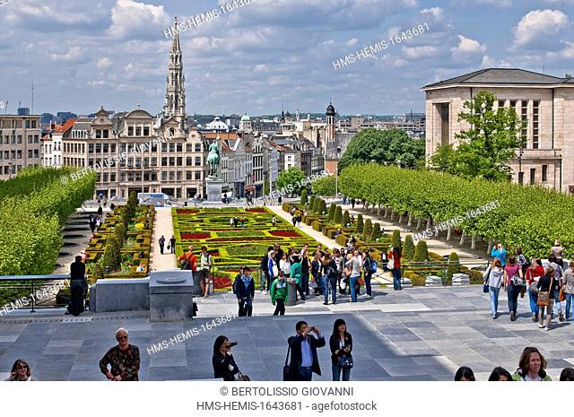 Belgium, Brussels, Garden of the Mont des Arts and downtown