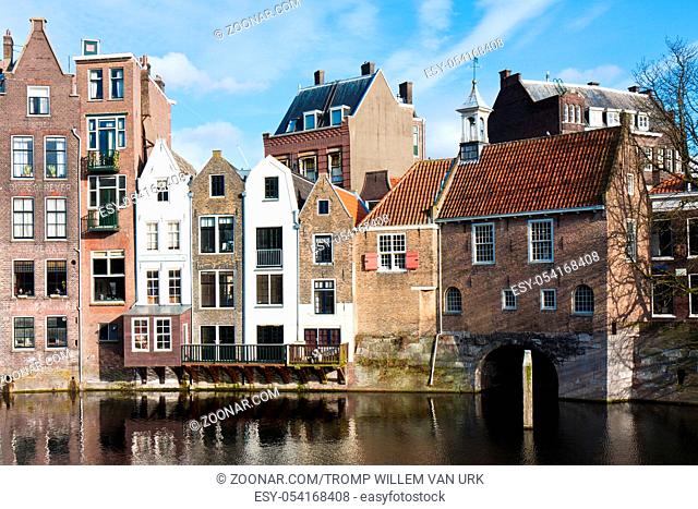 Historic cityscape along a channel in Delfshaven, a district of Rotterdam, the Netherlands