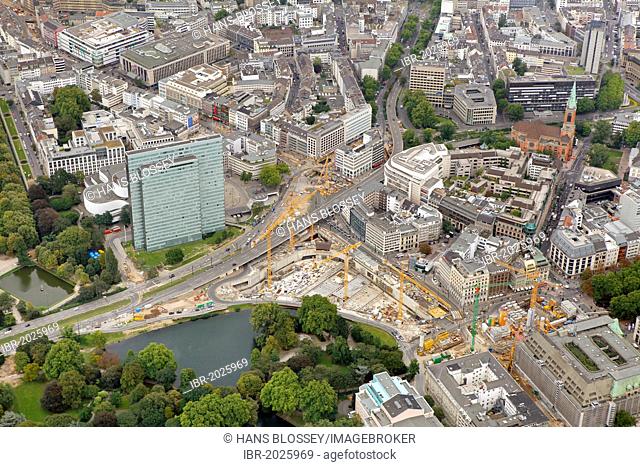 Aerial photo, Jan Wellem Platz, construction site of the Koe-Bogen development, Koe, Koenigsallee, Berliner Allee, Wehrhahnlinie tram line, Duesseldorf