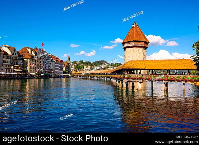 River Reuss and Chapel Bridge in the city of Lucerne - travel photography