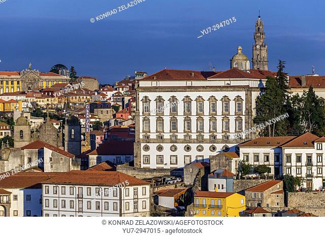Bishop's Palace, Clerigos church tower and Se Cathedral in Porto city, second largest city in Portugal. View from Vila Nova de Gaia city