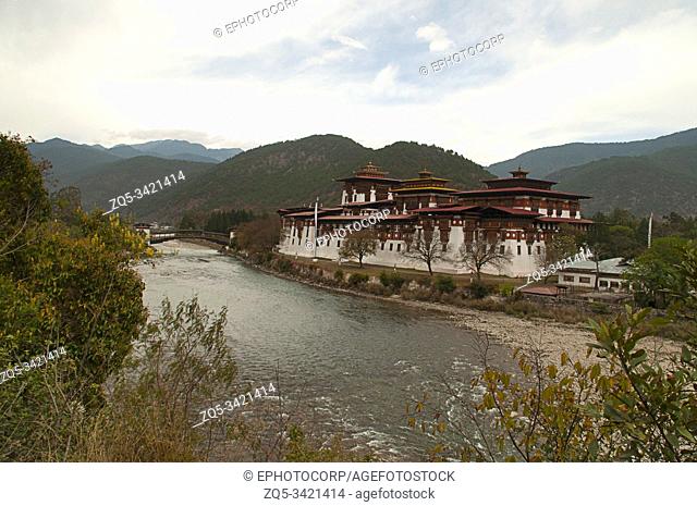Traditional building at river side in Punakha Dzong in Bhutan