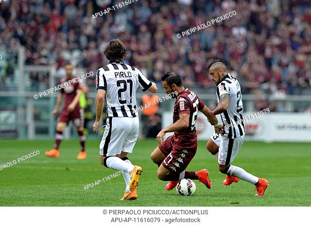 2015 Serie A Football Juventus v Torino Apr 26th. 26.04.2015. Turin, Italy. Serie A Football. Juventus versus Torino. Arturo Vidal vies with Fabio Quagliarella