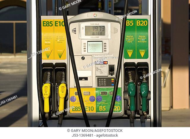 Biodiesel & ethanol fuel pumps at retail fuel station, with E85, E10, B5, B20, Minden Nevada