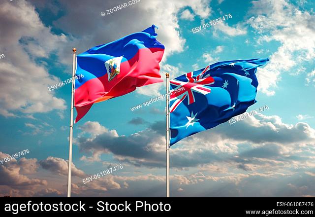 Beautiful national state flags of Haiti and Australia together at the sky background. 3D artwork concept