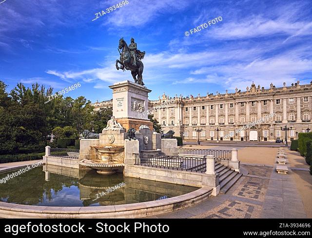 Philip IV statue at the Plaza de Oriente square. Madrid. Spain. The Plaza de Oriente is a tranquil square designed in 1844 by Narciso Pascual y Colomer