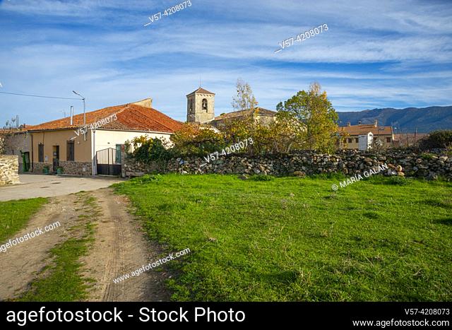 Houses and church. Cerezo de Arriba, Segovia province, Castilla Leon, Spain