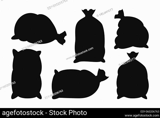 Sacks with flour or sugar black silhouette set. Bag burlap icon collection. Harvest agricultural flour production. Bakery and mill symbol