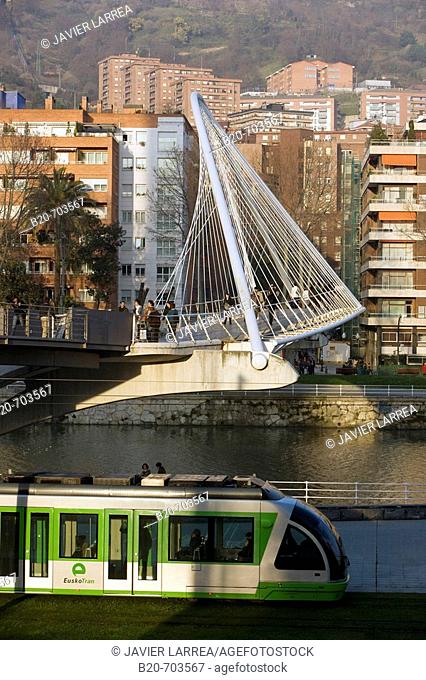 View of 'Pasarela de Uribitarte' bridge, also called 'Zubi-Zuri' (means white bridge in Basque), designed by Santiago Calatrava. Bilbao