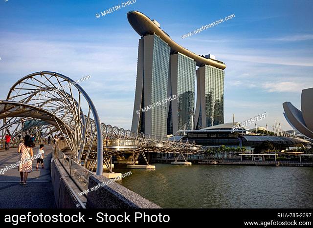 The Helix Bridge, Marina Bay Sands Hotel and part of Future World-ArtScience Museum in Marina Bay, Singapore, Southeast Asia, Asia