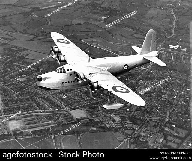 New Giant Flying Boat Bomber. The ""Sunderland"" in flight. The Short ""Sunderland"", the new flying boat bomber which is now being constructed in quantities...