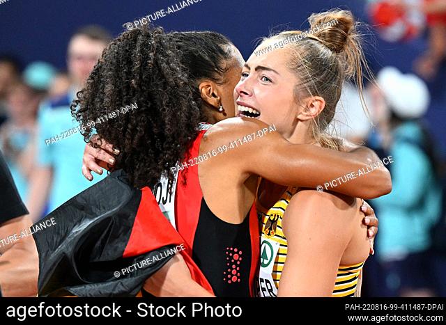 16 August 2022, Bavaria, Munich: European Championships, track and field, women, 100m, final at the Olympic Stadium, first-placed Gina Lückenkemper (Germany)...