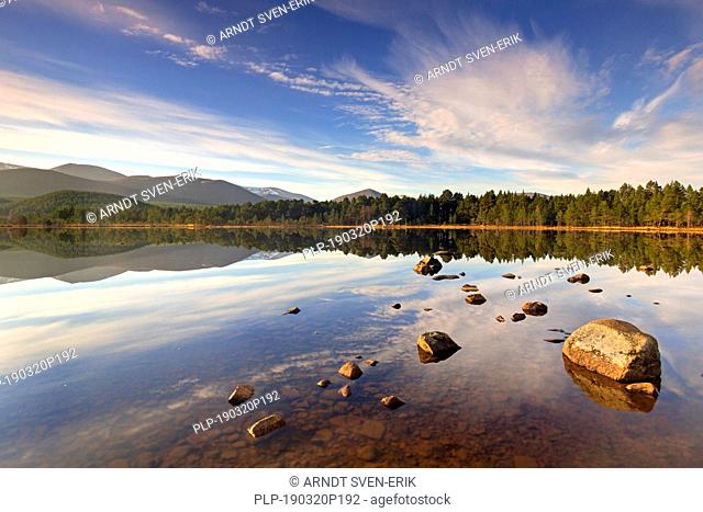 Loch Morlich and Cairngorm Mountains, Cairngorms National Park near Aviemore, Badenoch and Strathspey, Scotland, UK