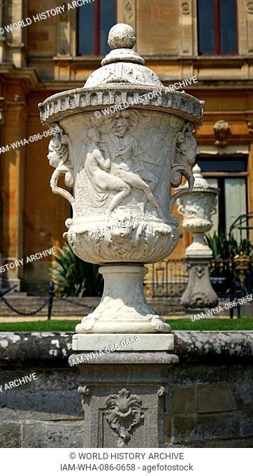 View of an urn within the gardens of Waddesdon Manor, a country house in the village of Waddesdon. Built in the Neo-Renaissance style of a French château for...
