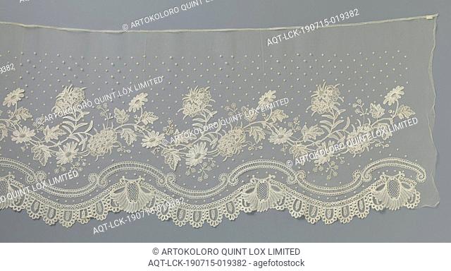 Dressing strip application side with snowball, Dressing strip of natural-colored application side bobbin lace and some details in needle lace appliqué on...