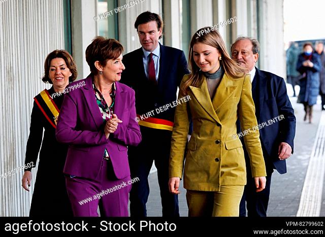 East-Flanders province governor Carina Van Cauter, prof. dr. Sabine Van daele, Gent Mayor Mathias De Clercq and Crown Princess Elisabeth pictured during a royal...