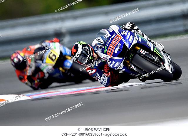 Stefan Bradl, of Germany, left, and Jorge Lorenzo, of Spain, right, ride during qualifying for the Czech Republic motorcycle Grand Prix MotoGP race at the Brno...