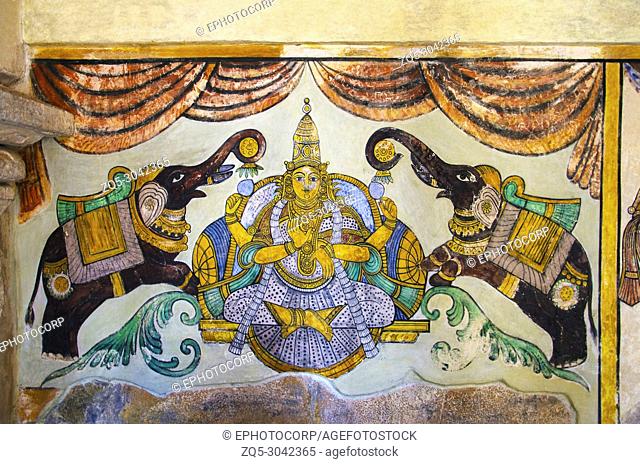Colorful paintings on the inner wall of the Brihadishvara Temple, Thanjavur, Tamil Nadu, India. Hindu temple dedicated to Lord Shiva