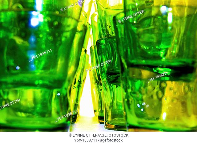 close up green drinking glasses, selective focus