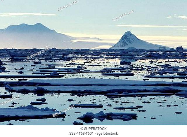 ANTARCTIC PENINSULA AREA, MOUNTAINS AND PACK ICE, IN EVENING LIGHT