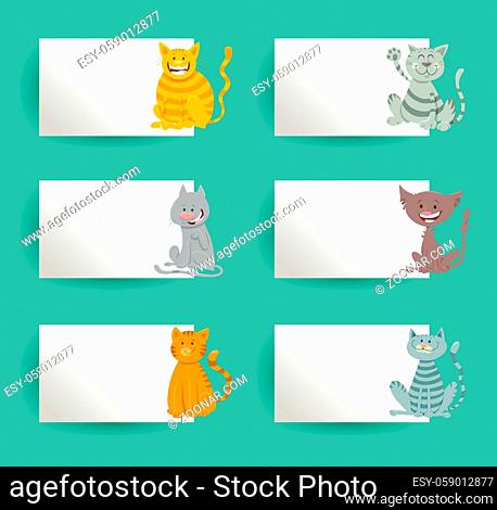 Cartoon illustration of cats with white cards or boards greeting or business card design set