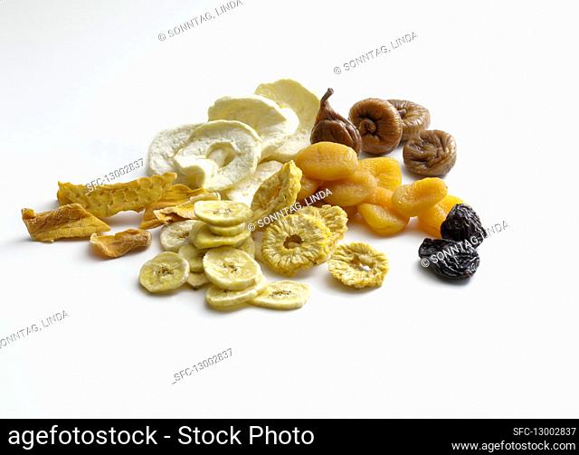 Various dried fruits on a white background