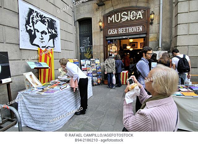 Library specializing in musical scores. Beethoven, St George's Day Catalan holiday, La Rambla 97, District Ciutat Vella - neighborhood Raval