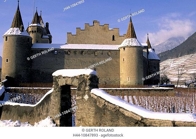 Switzerland, Europe, canton Vaud, Aigle, castle, vineyards, vineyard, snow, winter, mountains, mountain, alps, alpine